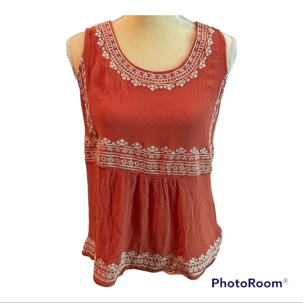 Sigrid‎ Olsen Signature Burnt Orange Sleeveless Bohemian Top with  Embroidery S